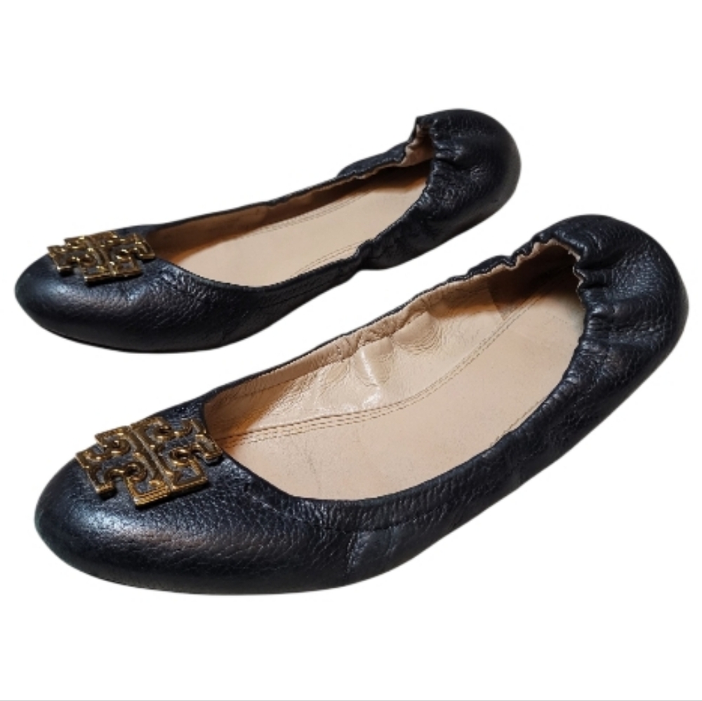 Tory Burch Black Melinda Leather Ballet Flats with Gold Accent - Size 9M